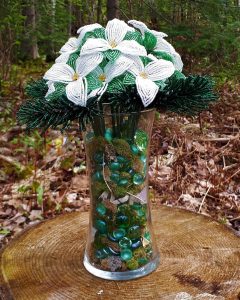 French beaded trillium bouquet with beaded pine branches